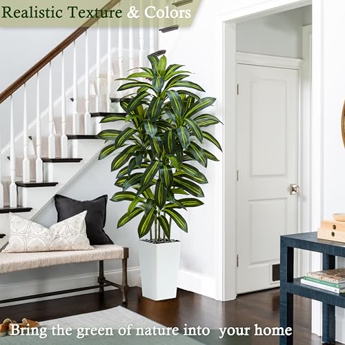 Artificial Dracaena Tree：5FT Faux Silk Tropical Yucca Floor Trees Realistic Fake Green Plant with Natural Wood Trunk & Lifelike Leaves for Home Office Decor Indoor & Outdoor (5FT,1-Pack,White) - color: Dark Green – White Pot, size: 5FT