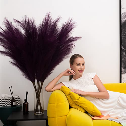 Pampas Grass Decor Tall, 43"/110cm Faux Pampas Grass 6 Stems Large Pompass Grass Branches Tall Bulk Boho Flower Arrangement for Home Room Wedding Party Decor(Purple) - color: Purple