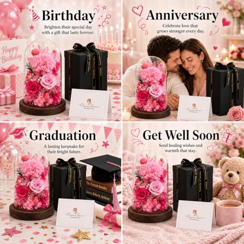 Preserved Flowers in Glass, Eternal Real Flowers with 1 Carnation & 2 Pink Roses for Women Mom Grandma Forever Rose Bouquet for Anniversary Birthday Mother's Day Lasts 3-5 Years(No Lights) - color: Light Pink