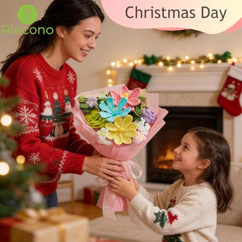 Alecono Crochet Flower Bouquet, Pastel Knitted Flowers, Crochet Tulip Rose Flower for Lover Anniversary Birthday Party Mother's Day Graduation Gifts (Include Card) - color: Pastel, size: Large