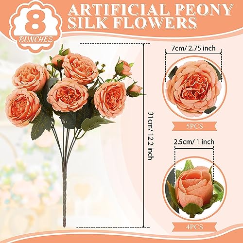 8 Bundles Artificial Peonies Flowers Boho Faux Flowers Arrangements Artificial Centerpiece Spring Bouquet Floral Wedding Decoration for Vase(Orange) - color: Orange