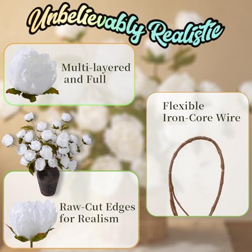 ucky 6 Pcs White Artificial Peonies Silk Flowers, 27.6" Long Stem Fake Peonies with Wood-Textured Bendable Branch, Life-Like Texture Large Peony Blooms for Tall Floor Vase, Wedding, Home Office Decor - color: Cjy White