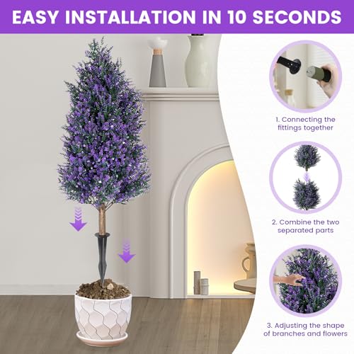 3FT Artificial Lavender Topiary Trees with Spike, 2 Pack UV Resistant Artificial Outdoor Shrubs Fake Bushes, Fake Plants for Indoor Outdoor Front Porch Garden Decor - color: 2 Pack 3ft Lavender