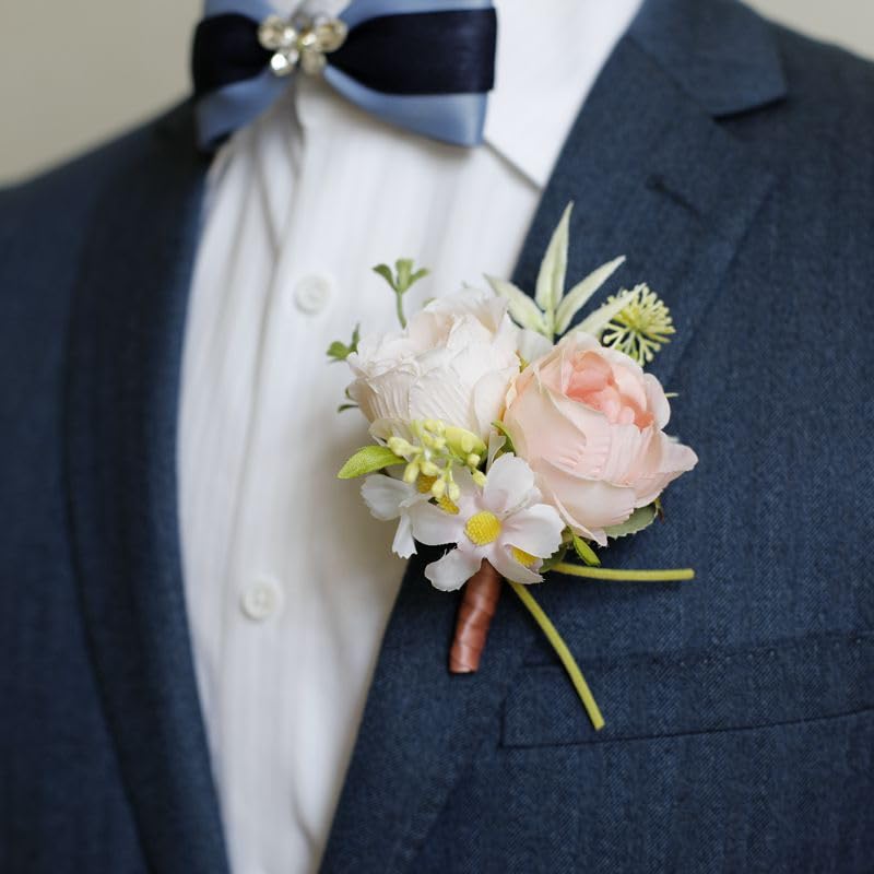 Wedding Rose Boutonniere Men Groom Flower Pin Wedding Suit Decoration (Pink) - color: Pink