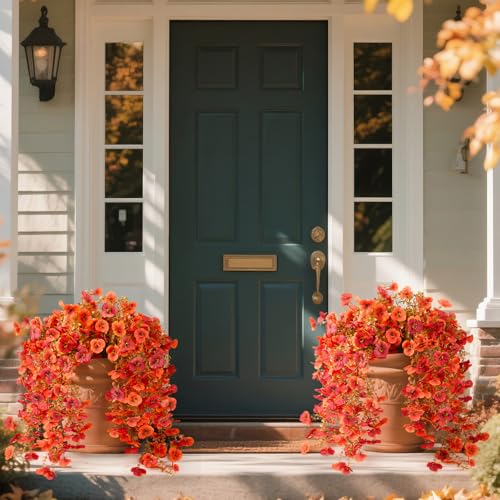 Artificial Fall Flowers for Outdoor, 4 Pcs Faux Pansy Fake Mums Plant Hanging Flowers Outdoor Fall Decor, UV Resistant Silk Flower for Front Door Porch Planter Patio Yard Garden(Orange Autumn Red) - color: Orange Autumn Red