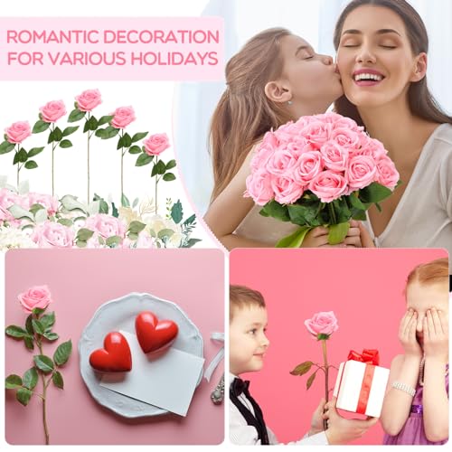 Hotop 80 Pcs Rose Artificial Flowers Bulk with Long Stem, Silk Roses Realistic Fake Flowers Bouquet for Wedding Table Centerpieces Bridal Shower Party Home Decorations(Pink) - color: Pink