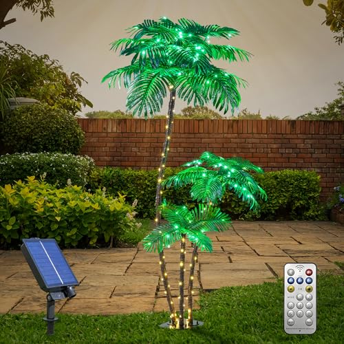 Solar Lighted Artificial Palm Tree 6FT 3FT 2FT Decor for Outdoor 203 LED Light up Fake Tree for Indoor Outside Patio Hawaiian Tiki Bar Decoration - size: 6+3+2ft-Solar