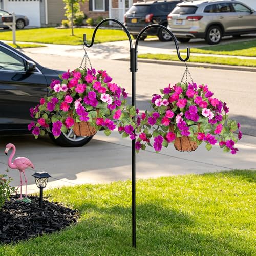 INXUGAO 3 Bundles Artificial Fake Flowers for Outdoors with Hanging Baskets Faux Hanging Flowers Plants for Outdoor Planters UV Resistant Silk Flowers for Outside Spring Home Front Porch Garden Décor - color: Light Purple Dark Purple+basket