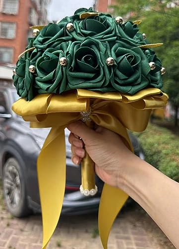 Handmade Wedding Bouquet Artificial PE Rose Bridal Bridesmaid Bouquet with Soft Ribbons Wedding Hand Holding Bouquet Artificial Fake Flowers Toss Bouquet(A-Emerald Green, 7.9"/20cm) - color: A-emerald Green, size: 7.9"/20cm