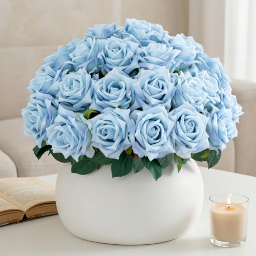 Ttranewsoo Fake Roses Faux Flowers Silk Roses 24PCS Artificial Roses with Stems Realistic Artificial Flowers Suitable for Indoor Home Decoration DIY Bouquet Wedding Decor Party Decoration Blue,16.5In - color: Blue 24pcs