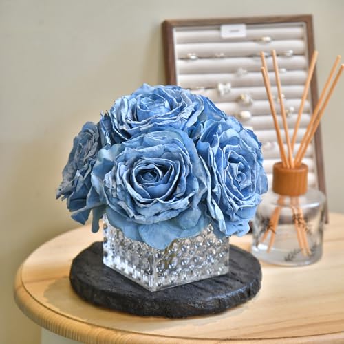 Artificial Rose in Glass Vase Vintage Silk Flower Arrangement with LED Light for Table Centerpiece Home Wedding Decoration (Dusty Blue) - color: Dusty Blue