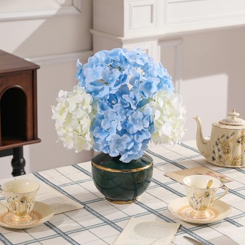 Tifuly 24 Pcs Blue and White Hydrangea Artificial Flowers Bulk, Faux Hydrangea Full Flowers Heads with Stems, Fake Silk Flowers for Wedding, Garden, Home, Party Decoration - color: Blue White