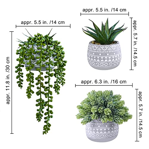 Winlyn 3 Pcs Assorted Small Potted Succulent Plants Artificial Aloe Hops String of Pearls Succulents in Gray Geometric Concrete Pots for Gifts Table Shelf Windowsill Indoor Outdoor Greenery Decor