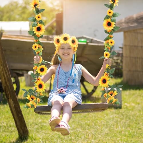 Zythrem 6 Pack Artificial Sunflower Garland for Decoration 7.22FT Silk Sunflower Yellow Flower Vines with Green Leaves Summer Garland for Mantle Wedding Table Home Baby Shower Party