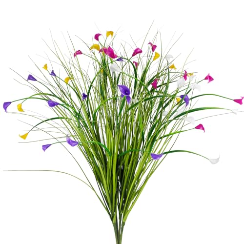 4 Pcs Artificial Plants Onion Grass Outdoor 35" Fake Tall Grass with Wild Lily Flowers Artificial Wheat Grass Faux Shrubs Bush Greenery Stems for Indoor Garden Outside Office Home Decor - color: 4 Pcs-multicolored Flowers