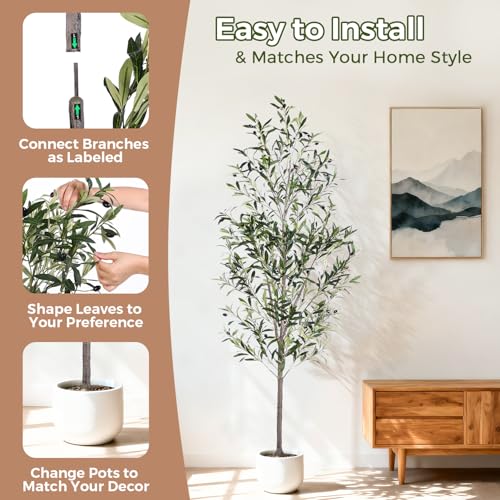 Jocoevol Olive Tree, 6FT Artificial Indoor Tall Faux Olive Trees w/Planter & Natural Wood Trunk and Lifelike Fruits, Fake Olive Artificial Tree for Home Office Decor - size: 6ft