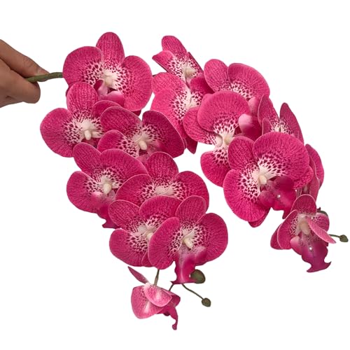 HinyoCo 5 Pcs Artificial Orchid Flowers and 4 Bundles Leaves, Artificial Phalaenopsis Flowers 32 Inch Stem Plants for Home Wedding Decoration (Rose red Spots) - color: Rose Red Spots