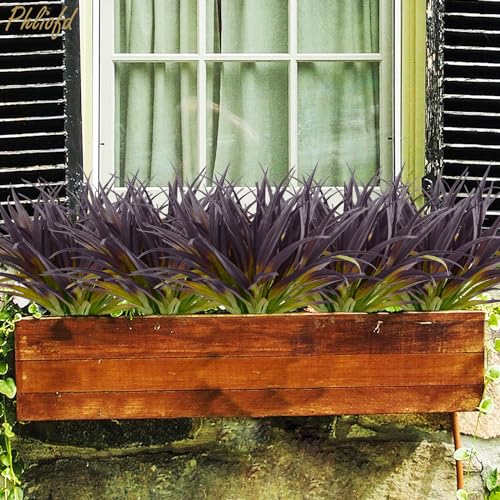 6Pcs Artificial Grass Fake Grass Plants 17.3in Outdoor Plants UV Resistant Faux Greenery Stems for Home Window Garden Office Patio Pathway Front Porch Halloween Décor Light Green & Purple - color: Light Green & Purple, size: 6 Pcs