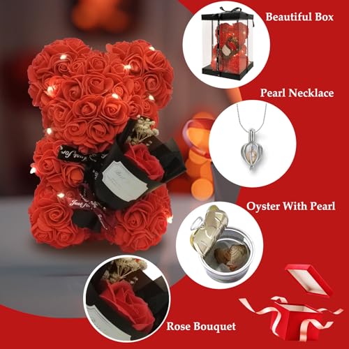 Romantic Valentines Day Gift for Her, Artificial Flowers Bouquet Necklace Rose Teddy Bear with Real Pearl Blind Box Birthday Gift, Valentiness Day Gift for Monther Wife Girl (Red) - color: Red