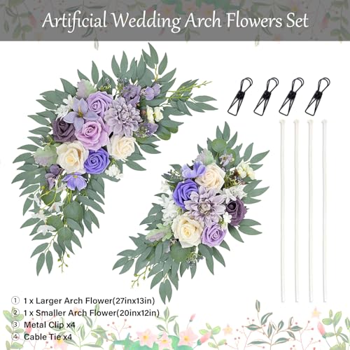 Purple Wedding Arch Flowers Set of 2, Artificial Arch Faux Flower for Centerpieces Party Home Decor, Ceremony Retirement, Birthday, Photo Backdrop Decor (Purple) - color: Purple