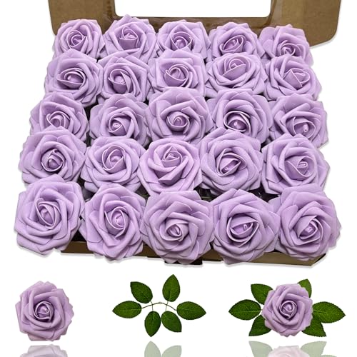 Artificial Roses Flowers 25Pcs Real Touch Roses with Stem Foam Fake Roses for DIY Wedding Bouquets Centerpieces Arrangement Party Baby Shower Home Decorations (Purple) - color: Purple