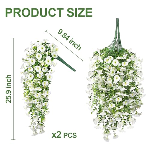 Artificial Hanging Flowers for Outdoors, 2PCS 300 Blooms UV Resistant Morning Glory Vine Fake Flowers with Eucalyptus, Realistic Silk Faux Hanging Plants Spring Summer Decor for Porch Garden(White) - color: White, size: 2PCS
