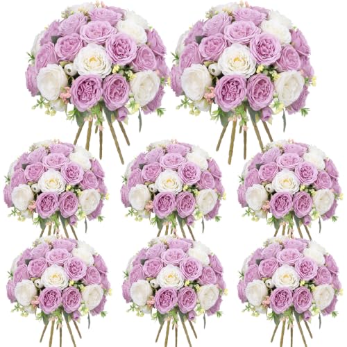 Geosar 8 Bundles Artificial Peonies Flowers Fake Silk Peony Bouquet Faux Peonies Flowers Bulk for Decoration Vase Floral Arrangements Wedding Party Table (White,Purple) - color: White, Purple