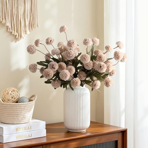 HyeFlora Fake Kiku Flowers, Faux Silk Pompon Mums Artificial Flowers, Chrysanthemum Stems Floral Arrangement Dried Flowers Vintage Decorative Indoor Home Decor Beige (Vase not Included) - color: 8pcs-beige