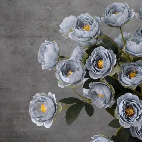 6 Pcs 32" Large Haze Blue Artificial Peonies Stems Flowers, Real Look Faux Silk Peony Bouquet 42 Heads Total for Vase Filler, Farmhouse Rustic Neutral Home Decor, Wedding Centerpieces - color: Haze Blue