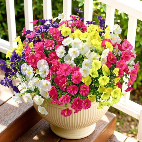 Alupssuc 24 Bundles Artificial Flowers for Outdoors, Faux Spring Flowers for Decoration, UV Resistant Silk Morning Glory with Eucalyptus Realistic Fake Flowers for Yard Planter Porch Garden, 4 Colors - color: Fuchsia, Deeppurple, Yellow, White