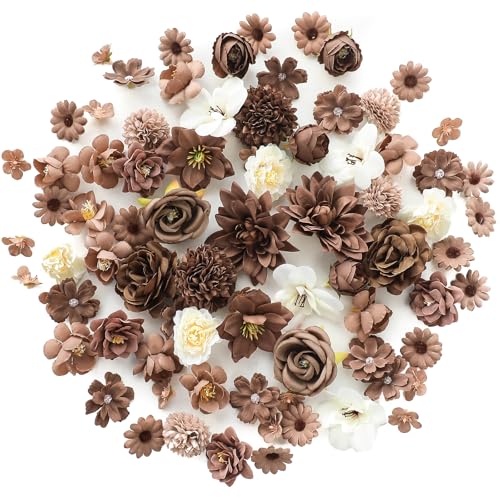 Floroom Mini Artificial Flower Heads Brown & Taupe Fake Peony Daisy Rose Multicolor Small Faux Silk Flower Heads for Cake Craft Garland Wedding Party Graduation Cap DIY Home Decoration, 0.8"-3.6" - color: Rustic Taupe