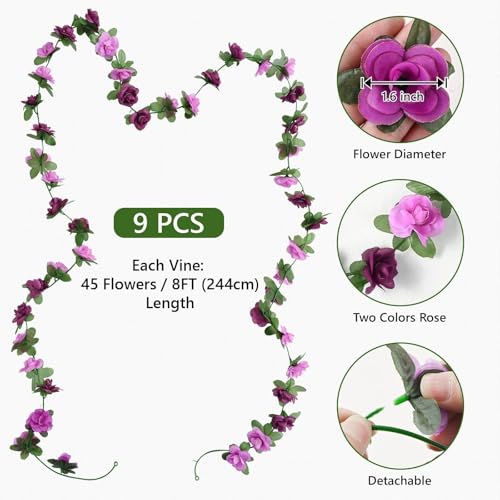 Sherika 9 Pcs 72FT Artificial Flower Garland, Fake Purple Roses Vines Hanging Silk Flowers Faux Floral Garland for Wedding Arch Room Wall Backdrop Bedroom Centerpieces Mothers Day Decorations - color: Purple