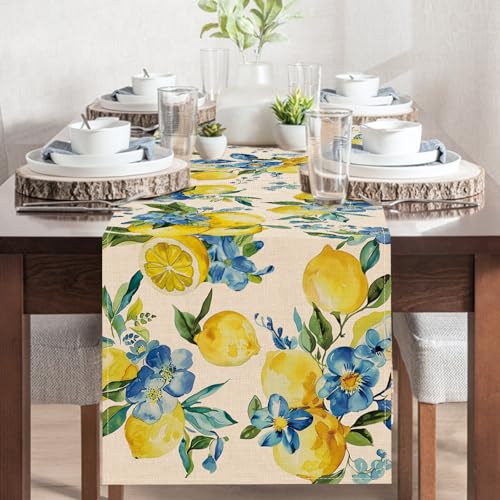 Lemon Blue Flower Dining Table Runner, Spring Summer Fruit Floral Burlap Kitchen Decoration, Seasonal Indoor Outdoor Home Decor Party Supply 13 x 72 Inches - color: Lemon Blue Flower, size: Table Runner 13''X72''