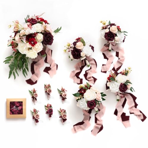 Ling's moment Wedding Artificial Flowers Package, Bridal Bouquet, Bridesmaid Bouquets, Boutonniere for Men, Rose Petals.Burgundy Blush - color: Red-burgundy & Blush