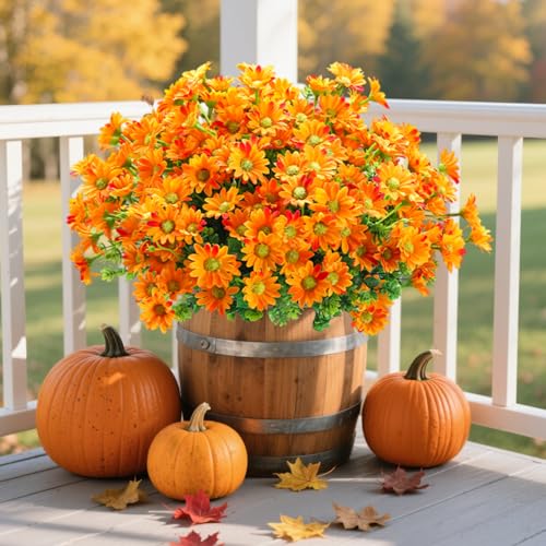 10pcs Outdoors Artificial Mum Flowers UV Resistant Daisy Fake Silk Chrysanthemum Greenery Faux Eucalyptus Plants for Spring Summer Garden Patio Window Box Planter Home Decor(Orange) - color: Orange