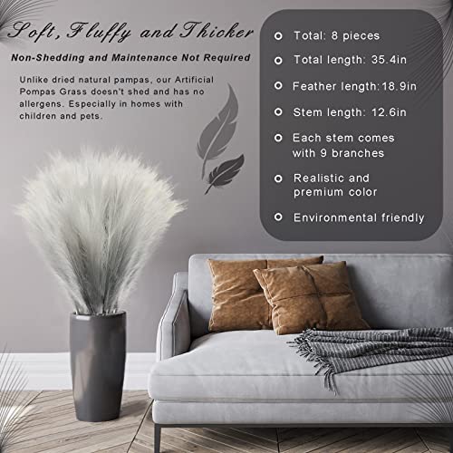 8Pcs 3FT Grey Colorful Faux Pampas Grass for Boho Decor, KALYLOC Non-Shedding Fluffy Artificial Bulrush, Tall Reed Fluffy Stems Vase Filler Living Room Wedding Decoration - color: Grey