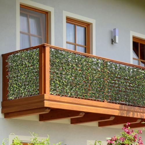 Patio Paradise 1PC Artificial Ivy Expandable Privacy Fence Screen Faux Greenery Wall Green Vines Leaf Hedge Outdoor Lattice Panels Covering for Apartment Balcony Deck Porch Backyard, Single-Side - color: Ficus Leaves