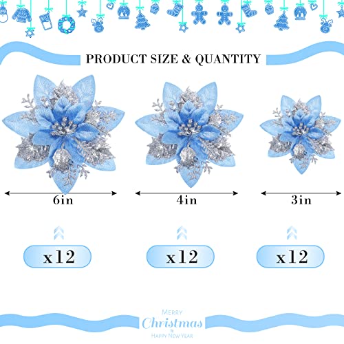 Geosar 36 Pcs Christmas Glitter Artificial Poinsettia Flowers Xmas Poinsettia Artificial Wedding Flowers Decorations Xmas Tree Ornaments with Clips for Party, 6 Inch, 4 Inch, 3 Inch(Silver and Blue) - color: Silver and Blue