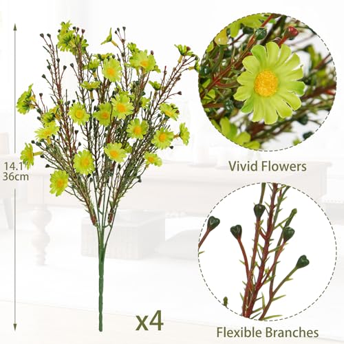UV Resistant Green Daisy Artificial Flowers Lush 4 Bouquets Silk Fake Daisies, 14" UV Protected Faux Daisy Flowers for Indoor & Outdoor Vase, Planter, Floral Arrangements, Centerpieces, Wedding Decor - color: Green