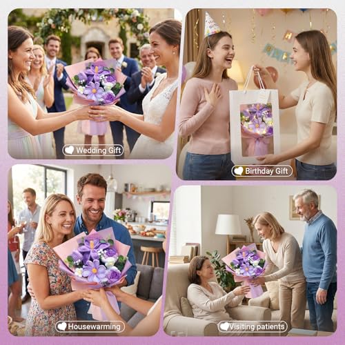 Crochet Flower Bouquet, Purple Handmade Knitted Flowers with Lights & Vase Crochet Tulips Galsang Liliy Rose Daisy Flower for Mothers Day Graduation Wedding Lover Teacher Anniversary Birthday Gift - color: Purple