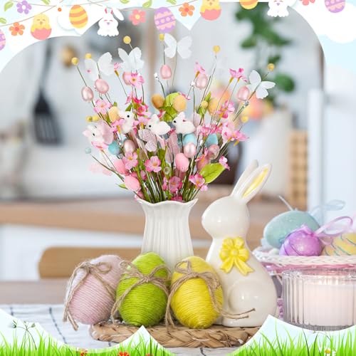 6 Pcs Artificial Easter Bunny Picks Stems Spring Berry Floral Tree Branches with Easter Egg Twig Branches Butterfly Decorative for Topiary Arrangement Centerpiece Celebration Home Vase Decor