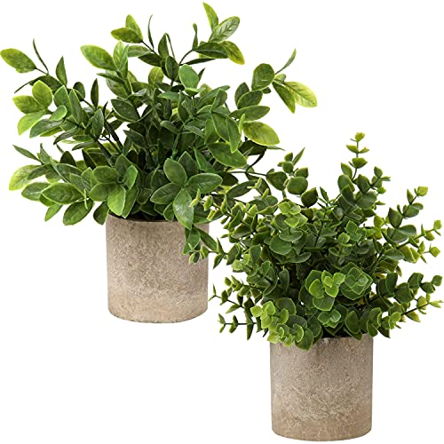 Briful Artificial Potted Plants Set of 2 Small Faux Plant Eucalyptus Mini Fake Plant Decor for Home Table Office Room Desk Bathroom Shelf Kitchen Rustic Farmhouse Mantel Decoration - color: 1-green