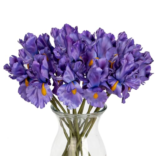 Hollyone Iris Artificial Flowers 15Pcs Faux Iris Purple Flowers 14.2" Real Touch Fake Flowers Picks Bouquets for Wedding Bridal Home Arrangements Office Table Centerpieces Decor - color: Purple