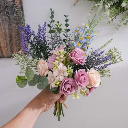 15 Inch Artificial Silk Flowers Bouquet with Roses, Eucalyptus, Baby's Breath, Daisies, Lavender, Sage & Chamomile - Realistic Faux Floral Arrangement for Home Decor Centerpiece - color: Spring