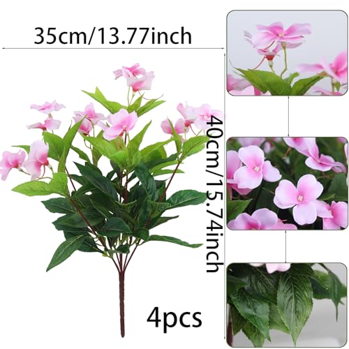 CITYES 4 Pcs Artificial Flowers Outdoor Impatiens UV Resistant Silk Impatiens Flowers Pink Faux Flowers Impatiens Bushes Artificial Impatiens for Pot Patio Lawn Garden Hanging Basket Porch Decor - color: Pink