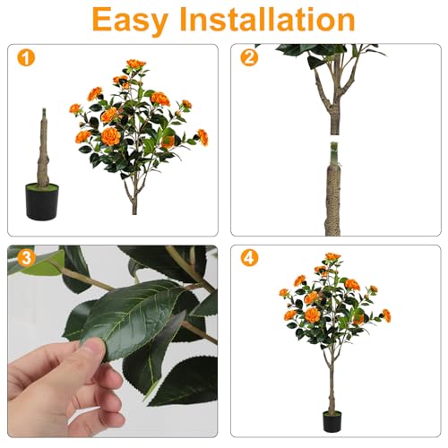 47” Artificial Camellia Tree with Blooming Orange Flowers, Artificial Tree for Indoor Outdoor, Faux Camellia Tree for Modern Home Office Floor Porch Decor, Free Maintenance - color: Orange