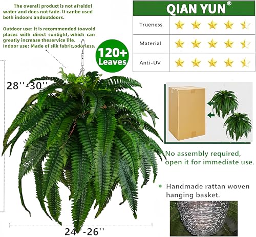 Outdoor Artificial Plants-2PCS Artificial Outdoor Hanging Fern Faux Greenery UV Resistant Plastic Plants for Front Porch Living Room Garden Decor- Including Hanging Planters (Dark Green) - color: Dark Green