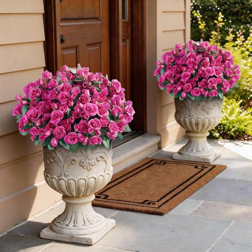 Juxdp 8 Bundles Artificial Roses, Realistic Silk Bouquet Flower(Rose Red) | Fluffy and Vivid, Fade-resistant, Faux Rose Plants, for Front Door/Garden/Farmhouse/Home/Outdoor/Spring/Summer Decor - color: Rose Red