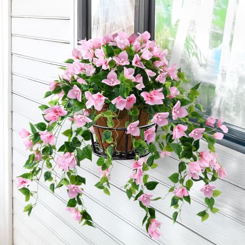 Homsunny Artificial Hanging Flowers Plants Basket for Outdoor Decoration,4 PCS Faux Silk Bougainvillea Vine Flowers Look Real UV Resistant for Outside Porch Patio Yard Garden Decor(Pink - color: Pink