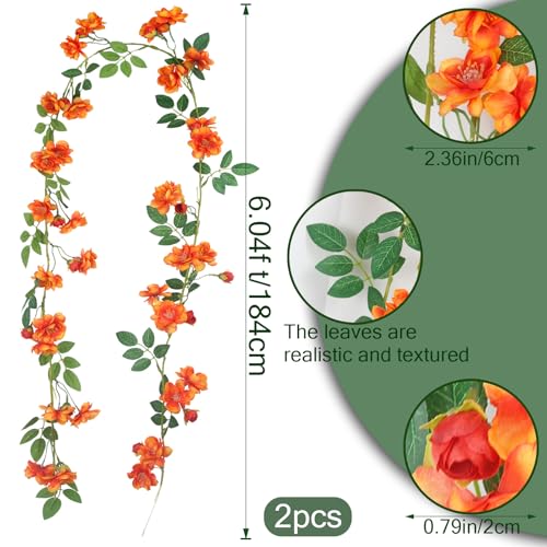 2 Pcs Artificial Flowers Garland for Outdoors Orange Faux Gardenia Garland 12Ft Silk Rose Hanging Vines Floral for Wedding Arch Party Wall Garden Ceremony Backdrop Fence Spring Decor - color: Orange